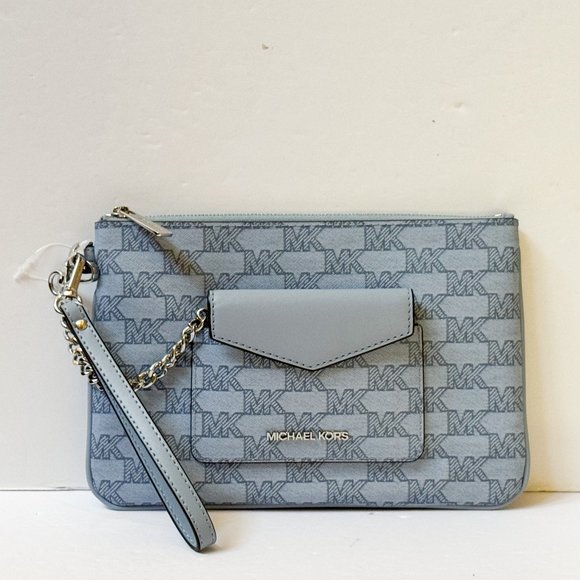 Michael Kors Jet Set Item Large 2 in 1 Card Case Wristlet Clutch MK Pale Blue - Picture 1 of 11